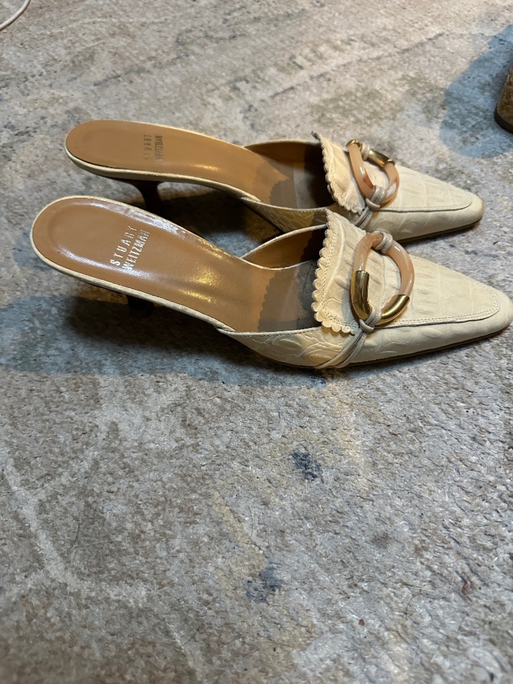 Stuart Weitzman cream croc slide kitten heel